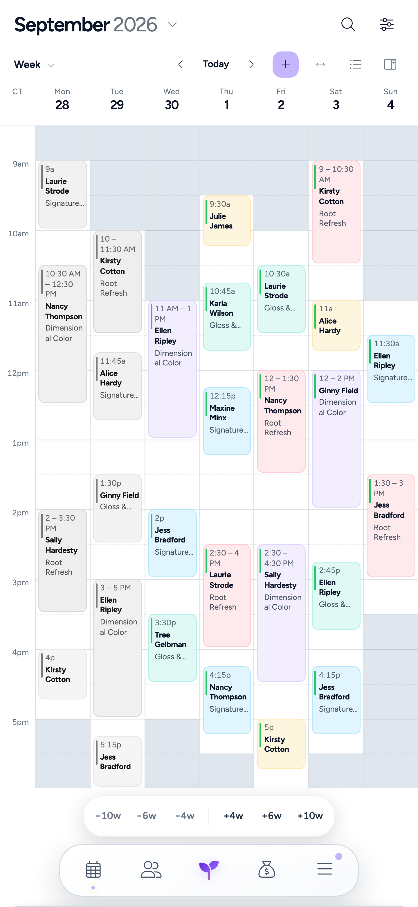 Comb’s redesigned mobile weekly calendar, September 28–October 4, with 28 fictional appointments, service-colored cards, completed visits in gray, and shaded non-working hours.